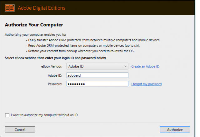 Authorise ADE with Adobe ID to download your eBook